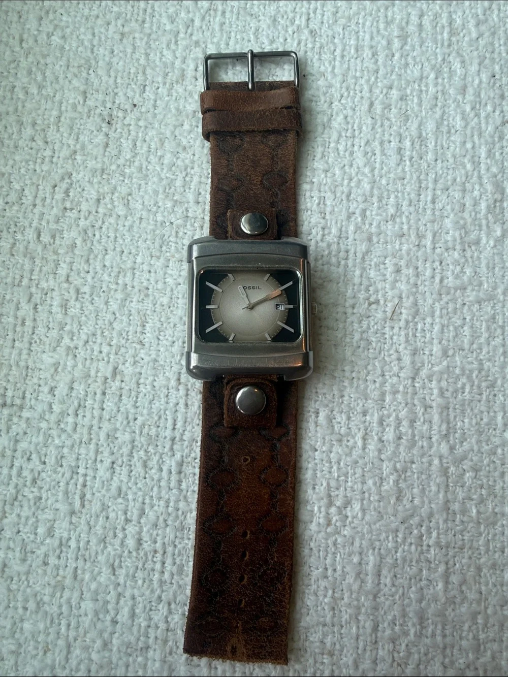 Vintage Fossil Men's Two-Tone Square Dial Watch with Brown Leather Strap